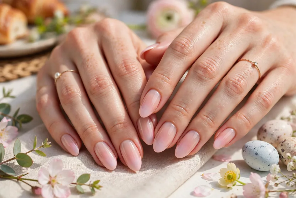 Easter brunch French tip nails with blush pink ombre tips fading softly into a sheer nude base, shown on medium almond nails.