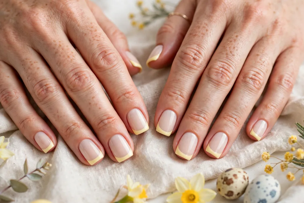 Easter brunch French tip nails with creamy butter yellow tips on a milky nude base, shown on short square nails.