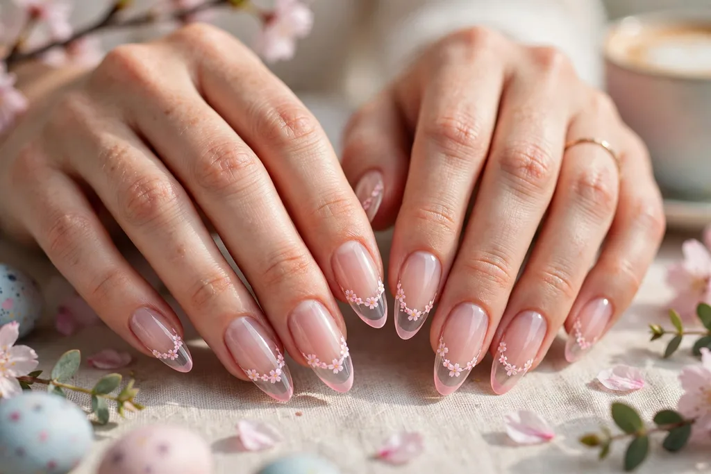 Easter brunch French tip nails with sheer pink tips and tiny cherry blossom petals painted along the smile line on a clear base, shown on long almond nails.