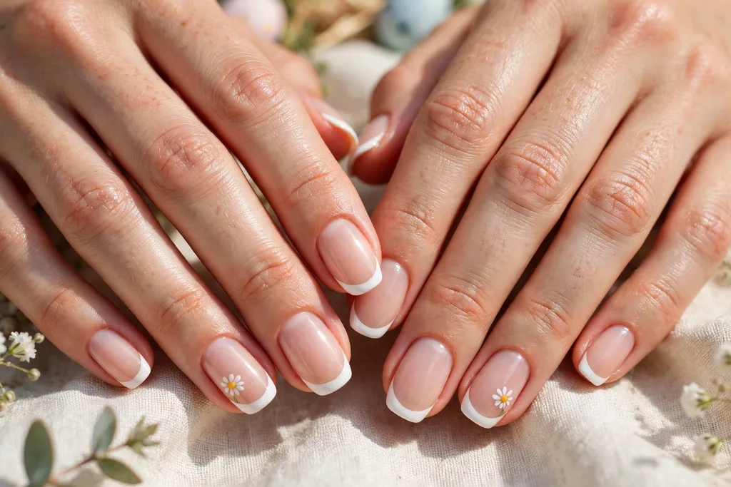 Easter brunch French tip nails with white tips and one tiny daisy painted on each ring finger accent nail on a sheer nude base, shown on medium almond nails.