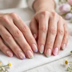 Easter brunch French tip nails in soft pastel pink, lilac, and mint with tiny daisy accents on a sheer nude base, shown on a woman's hands resting beside a white brunch table setting with fresh spring flowers.