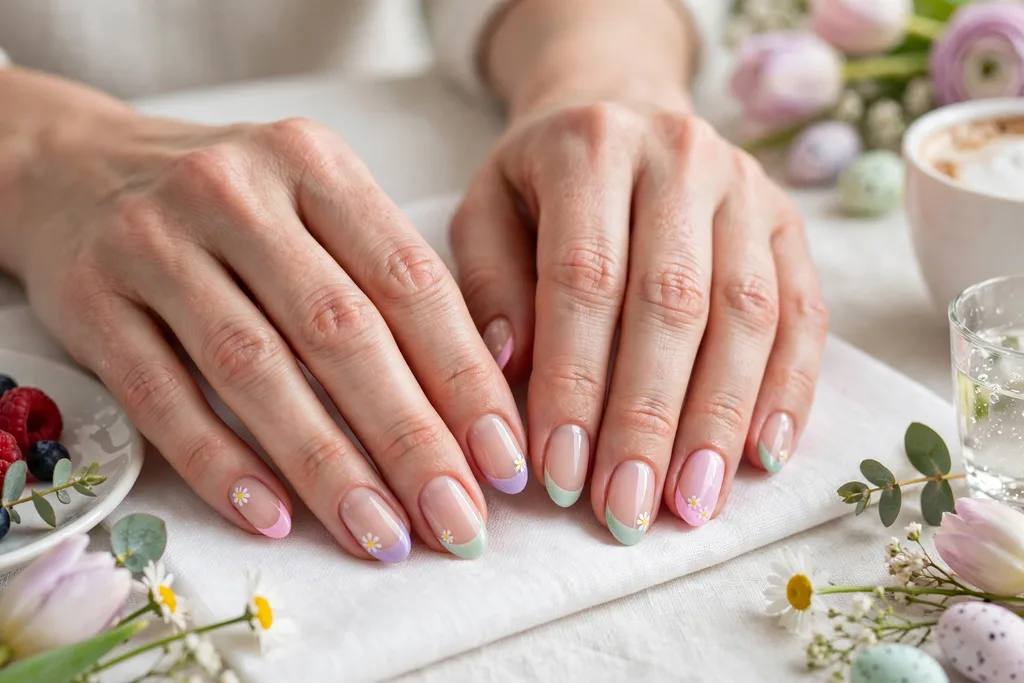 Easter brunch French tip nails in soft pastel pink, lilac, and mint with tiny daisy accents on a sheer nude base, shown on a woman's hands resting beside a white brunch table setting with fresh spring flowers.