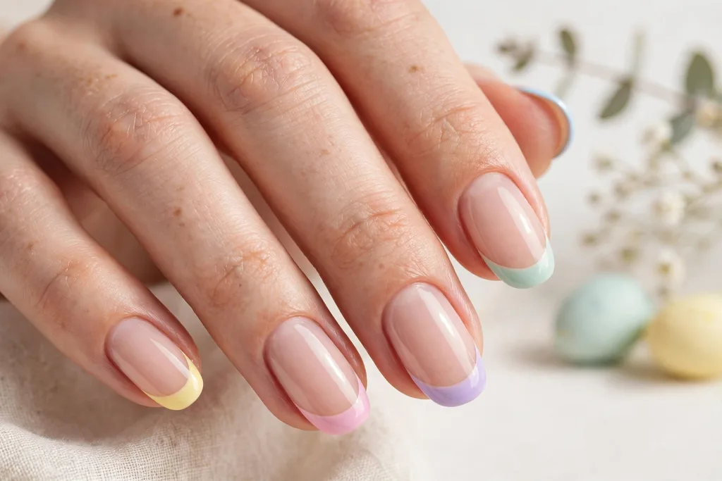 Easter brunch French tip nails with a different pastel tip color on each nail, including pink, lilac, mint, baby blue, and butter yellow, on a sheer nude base, shown on medium almond nails.