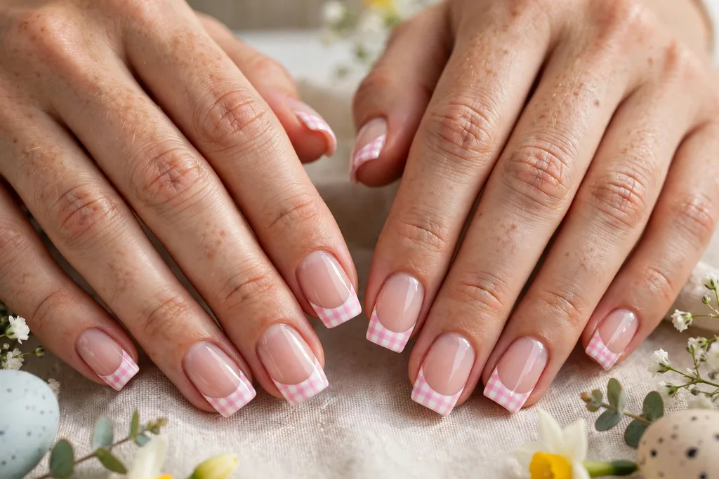 Easter brunch French tip nails with white tips overlaid with a soft pink gingham check pattern on a sheer nude base, shown on medium square nails.