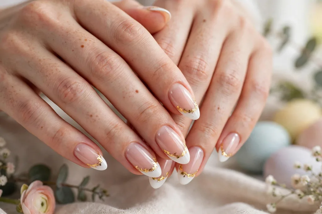 Easter brunch French tip nails with white tips and delicate gold foil flakes along the smile line on a sheer nude base, shown on medium almond nails.