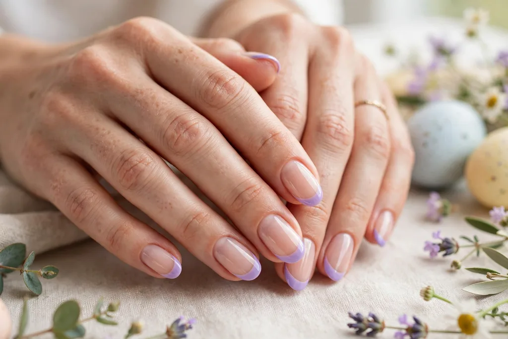 Easter brunch French tip nails with soft lavender purple tips on a sheer nude base, shown on medium oval nails.