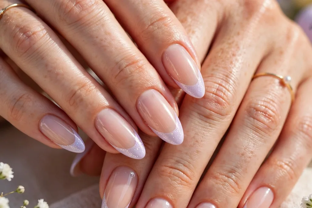 Easter brunch French tip nails with pale lilac tips with a fine shimmer on a sheer nude base, shown on long almond nails.
