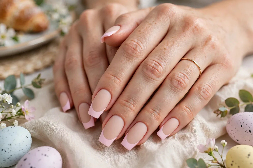 Easter brunch French tip nails with matte pastel pink tips on a soft matte nude base, shown on medium coffin nails.