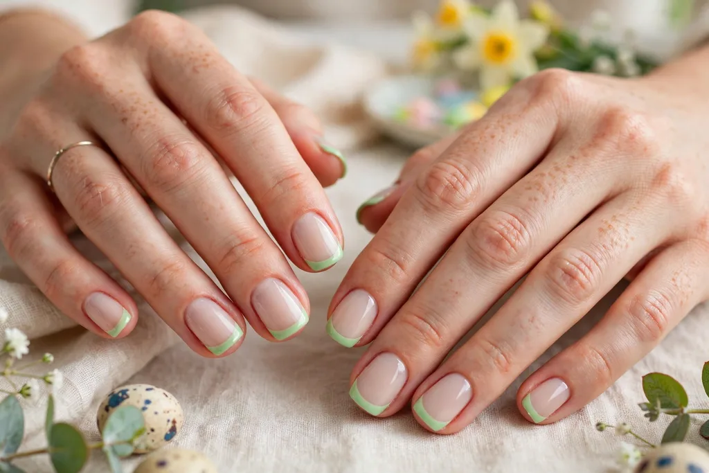 Easter brunch French tip nails with fresh mint green tips on a milky nude base, shown on short squoval nails.