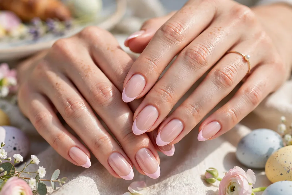 Easter brunch French tip nails with soft pastel pink glossy tips on a sheer nude base, shown on medium almond nails.