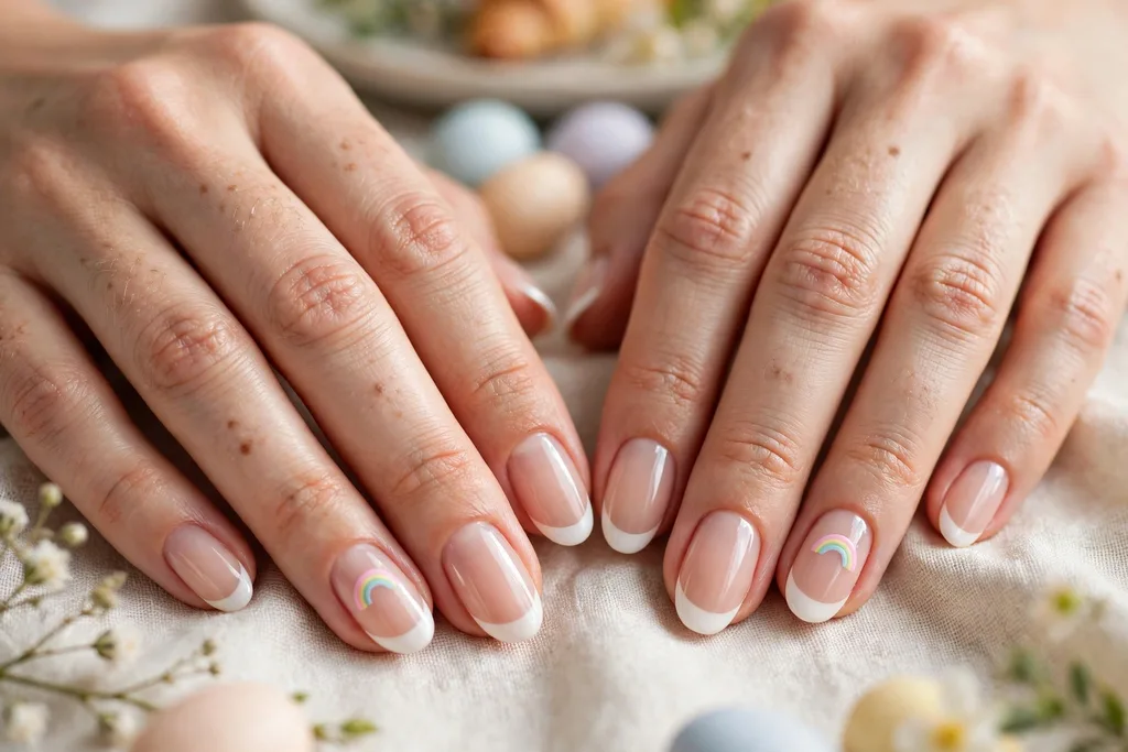 Easter brunch French tip nails with soft white tips and one tiny pastel rainbow arc painted on each ring finger accent nail on a sheer nude base, shown on medium almond nails.