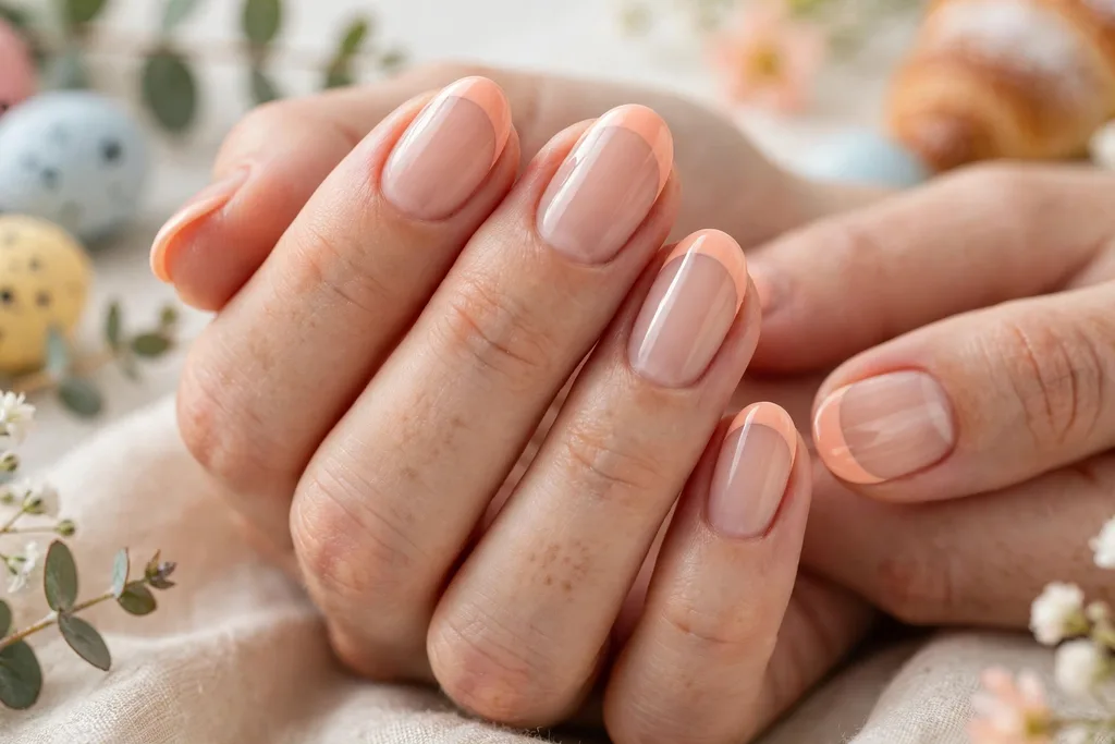 Easter brunch French tip nails with soft peach tips on a sheer nude base, shown on medium oval nails.