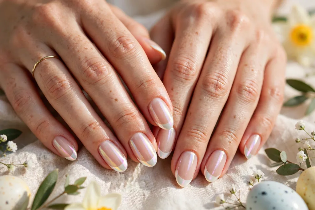 Easter brunch French tip nails with pearl white tips with a soft iridescent sheen on a sheer nude base, shown on medium almond nails.