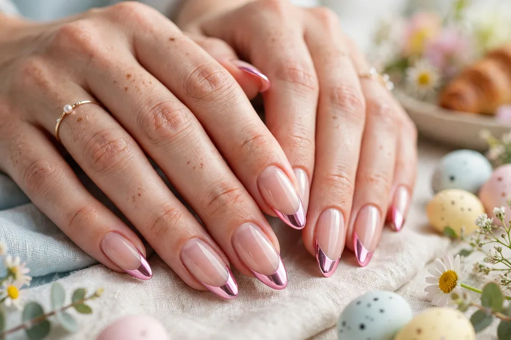 Easter brunch French tip nails with pink chrome mirror tips on a sheer nude base, shown on long almond nails.