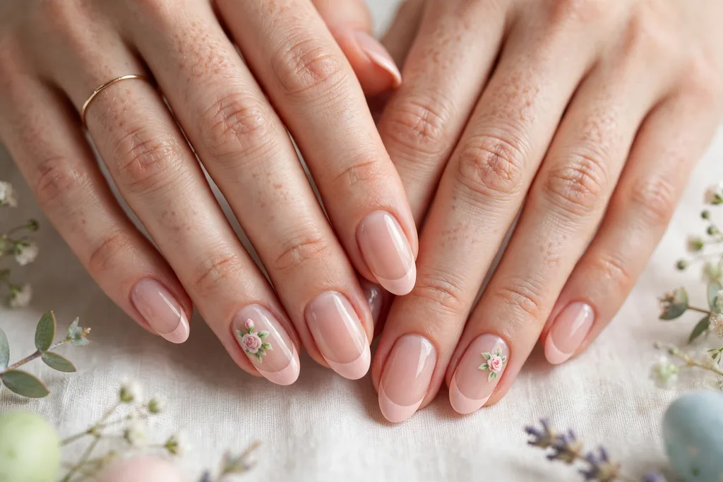Easter brunch French tip nails with blush pink tips and one tiny rose painted on each ring finger accent nail on a sheer nude base, shown on medium almond nails.