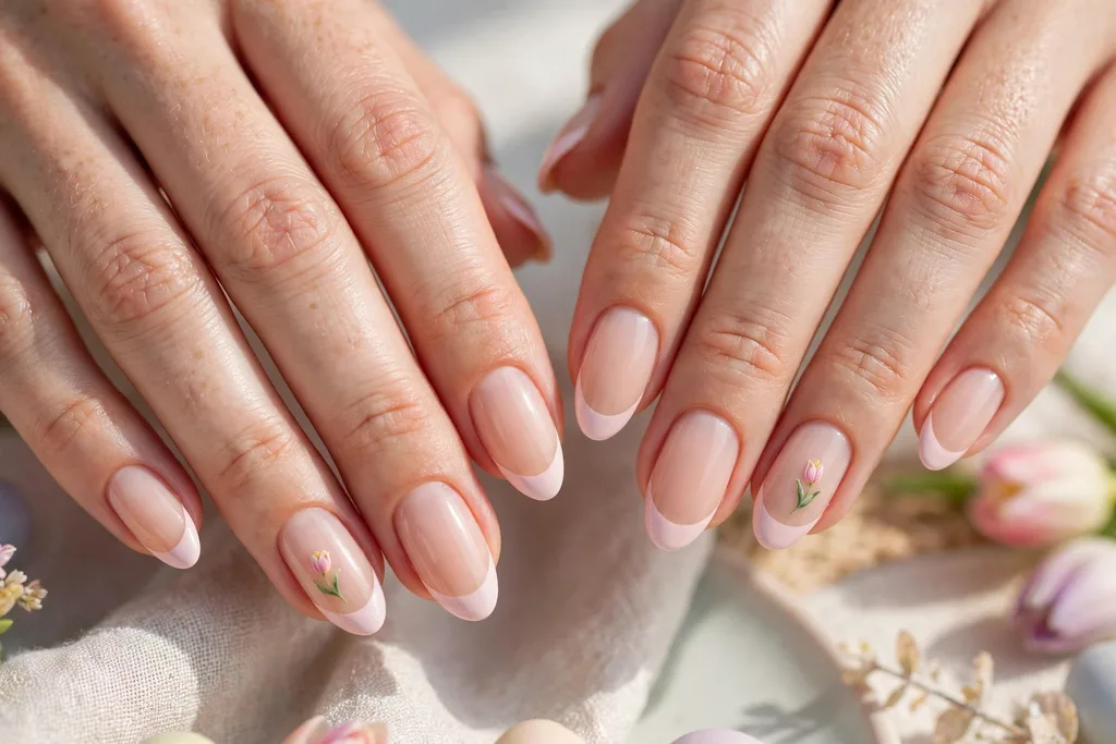 Easter brunch French tip nails with pale pink tips and one tiny tulip painted on each ring finger accent nail on a sheer nude base, shown on medium almond nails.