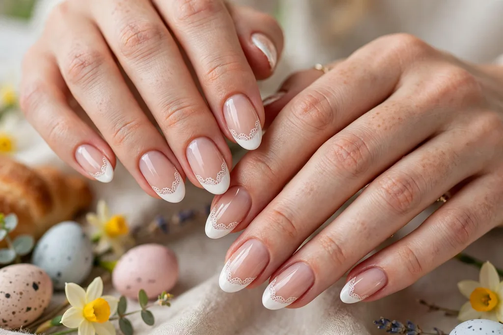 Easter brunch French tip nails with white tips edged with a delicate lace-like scalloped line on a sheer nude base, shown on medium almond nails.