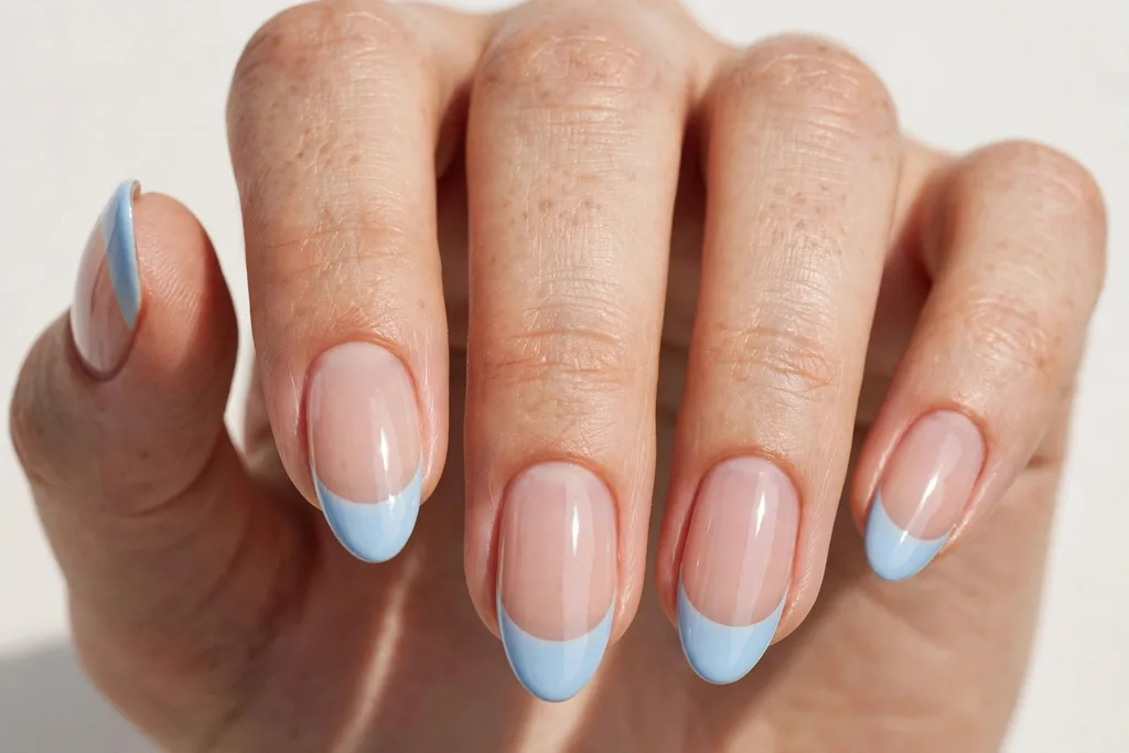 Easter French tip nails with baby blue glossy tips on a sheer nude base, shown on medium almond nails.