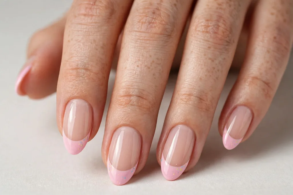 Easter French tip nails with baby pink glossy tips on a sheer nude base, shown on medium almond nails.