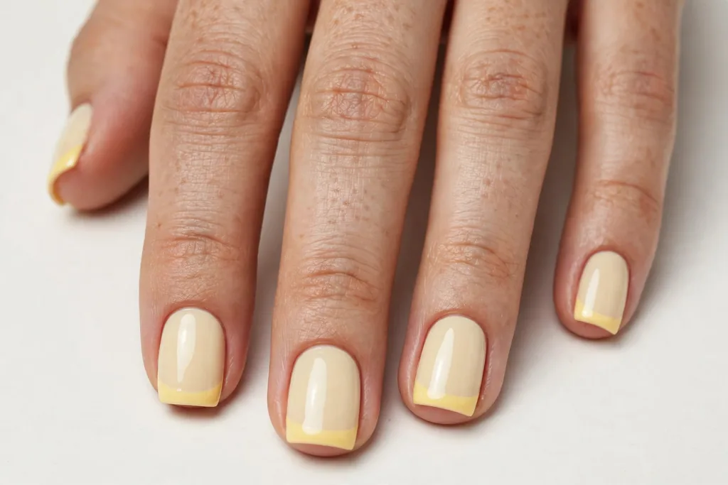 Easter French tip nails with butter yellow glossy tips on a cream base, shown on short square nails.