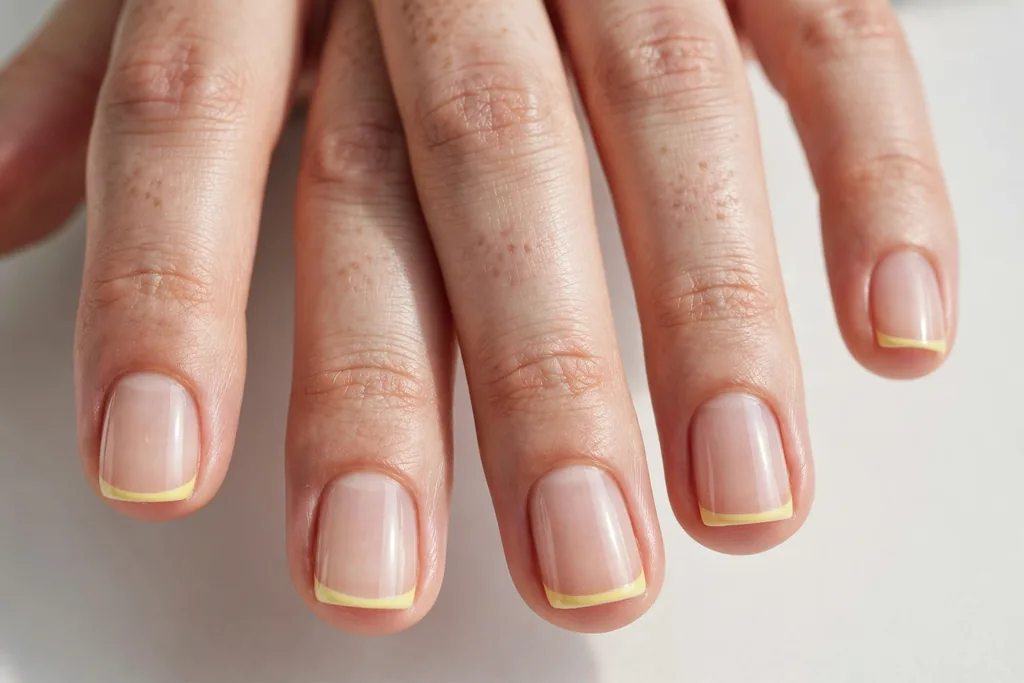 Easter French tip nails with ultra-thin chick yellow micro tips on a clear sheer base, shown on short squoval nails.