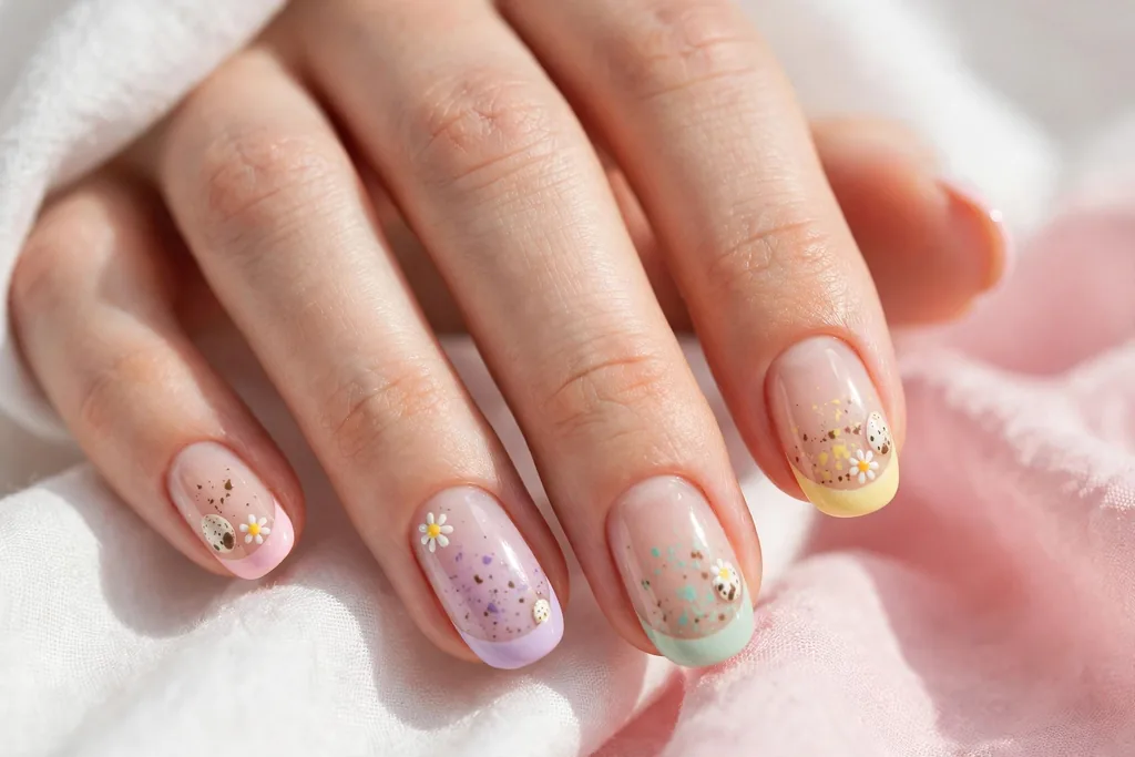 Easter French tip nails with soft pastel tips in baby pink, lilac, mint and butter yellow with tiny daisy and speckled egg art on a sheer nude base, shown on a woman's hands against a white and soft pink background.