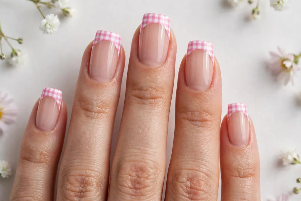 Easter French tip nails with pink and white gingham check tips on a sheer nude base, shown on medium square nails.