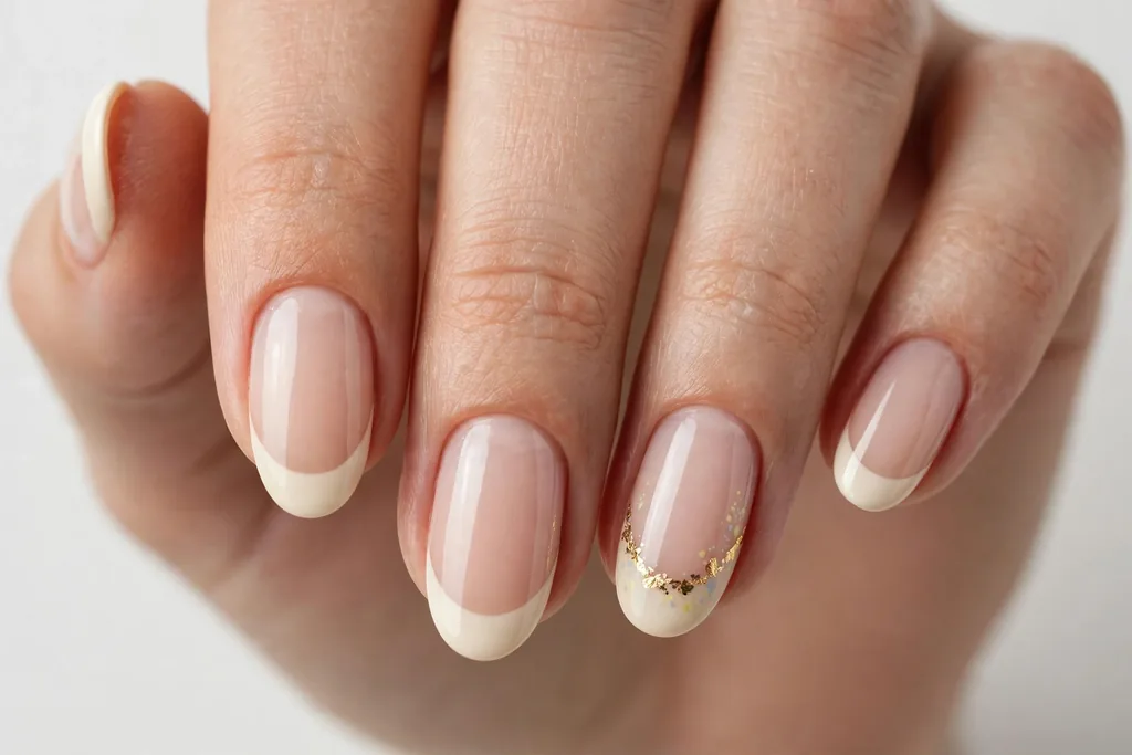 Easter French tip nails with cream tips and fine gold foil flecks along the smile line on one accent nail, shown on medium oval nails with a sheer nude base.