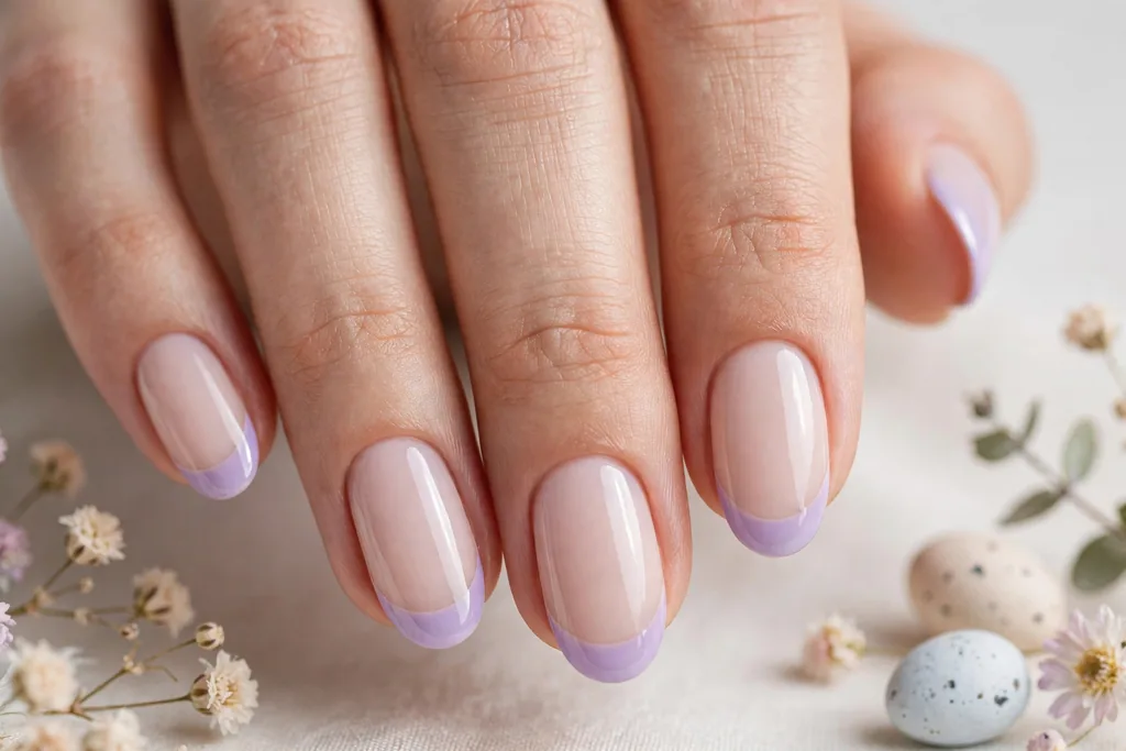 Easter French tip nails with soft lilac glossy tips on a milky nude base, shown on medium oval nails.