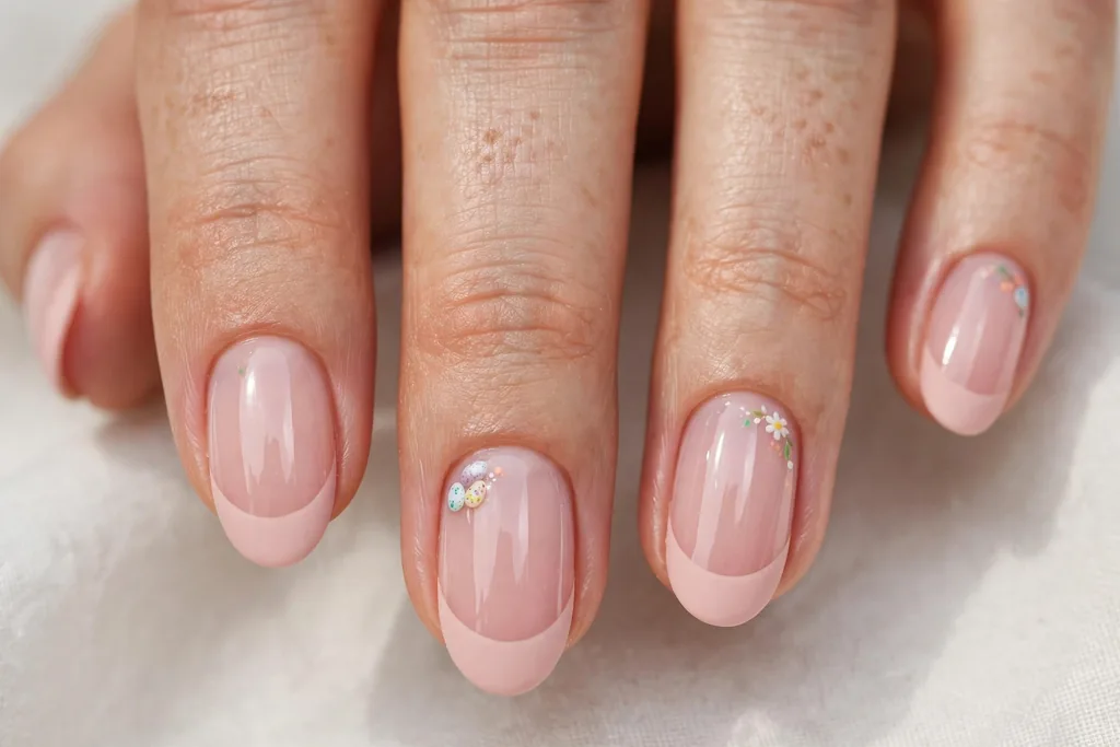 Easter French tip nails with matte blush pink tips over a glossy sheer pink base for a soft finish contrast, shown on medium oval nails.