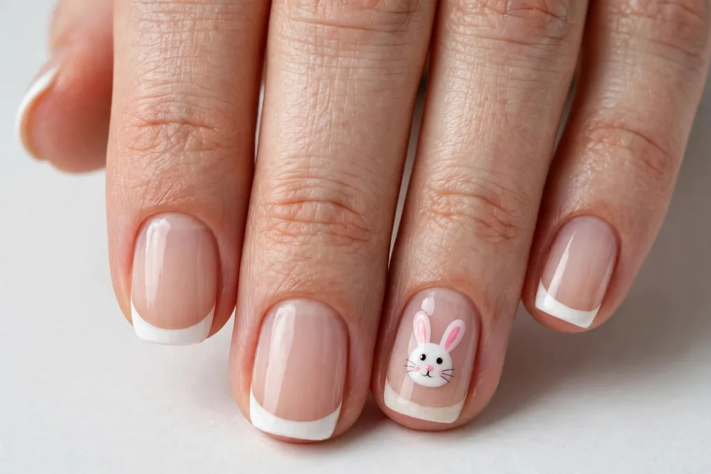 Easter French tip nails with white tips and a tiny white bunny face with pink ears on one accent nail, shown on short round nails with a sheer nude base.