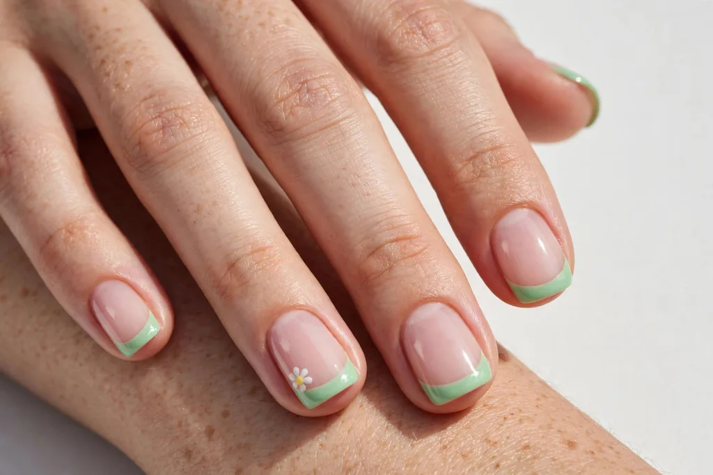 Easter French tip nails with fresh mint green glossy tips on a sheer pink base, shown on short squoval nails.