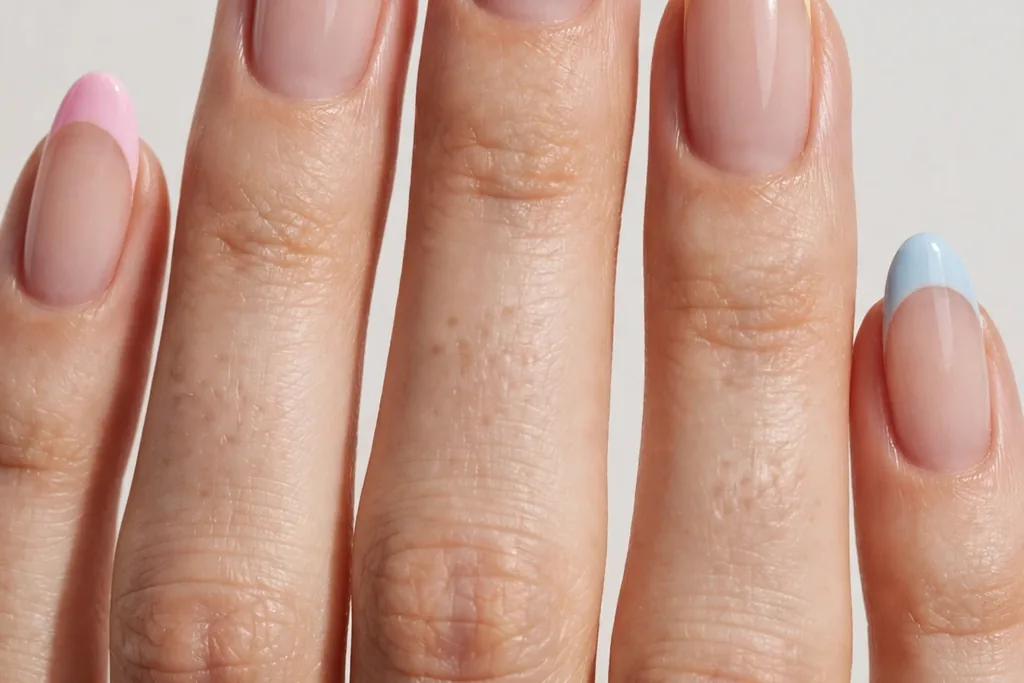 Easter French tip nails with a different pastel tip color on each nail, including baby pink, lilac, mint, butter yellow and baby blue, on a sheer nude base, shown on medium almond nails.