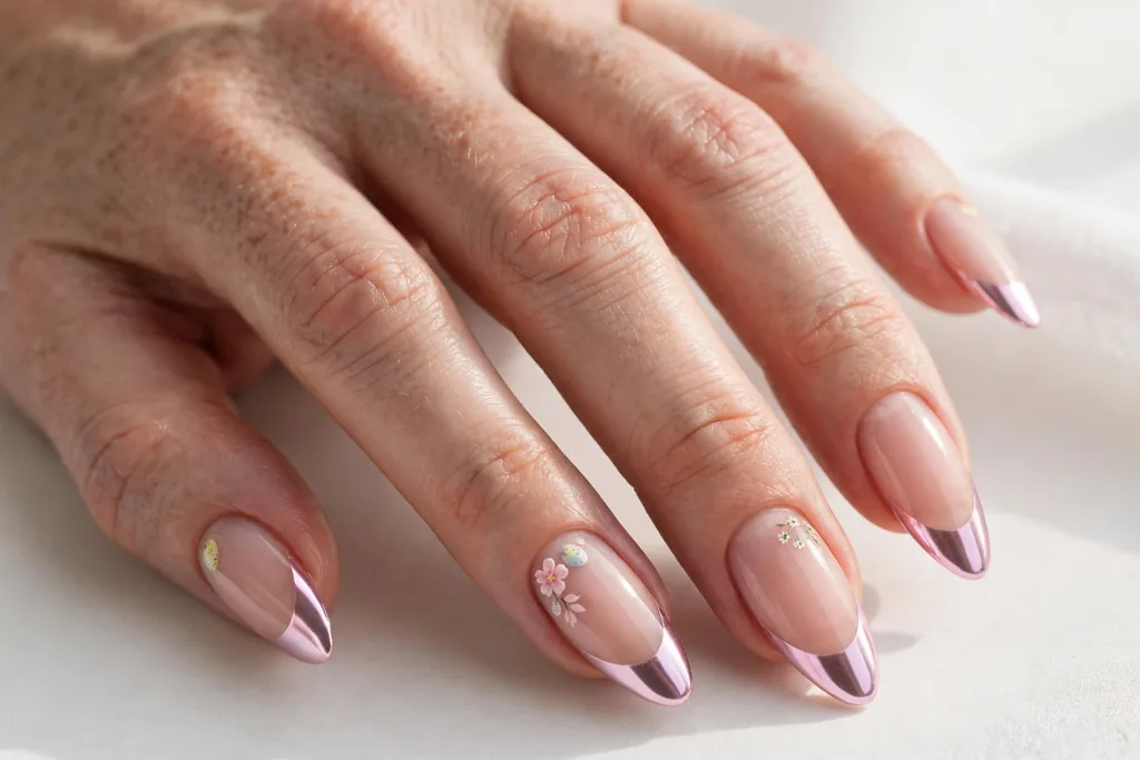 Easter French tip nails with pastel pink chrome mirror tips on a sheer nude base, shown on long almond nails.