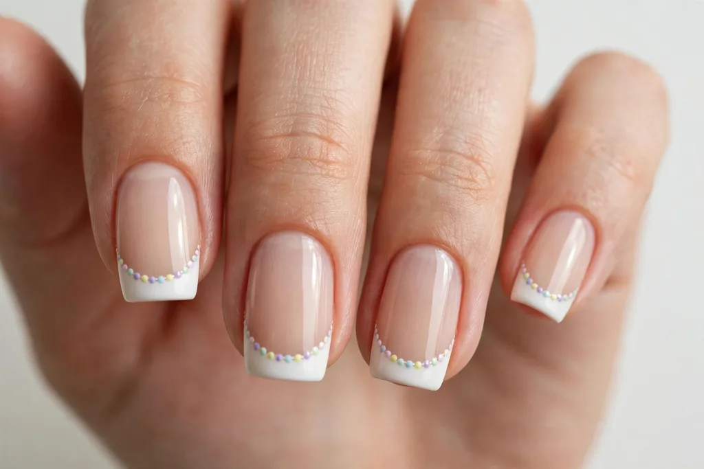 Easter French tip nails with white tips edged with a row of tiny pastel dots along the smile line on a sheer nude base, shown on medium squoval nails.