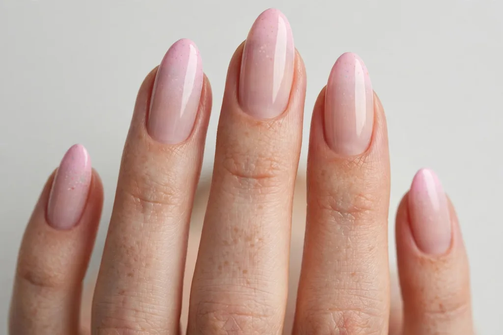 Easter French tip nails with a pastel pink ombre gradient fading from the tips into a sheer nude base, shown on medium almond nails.