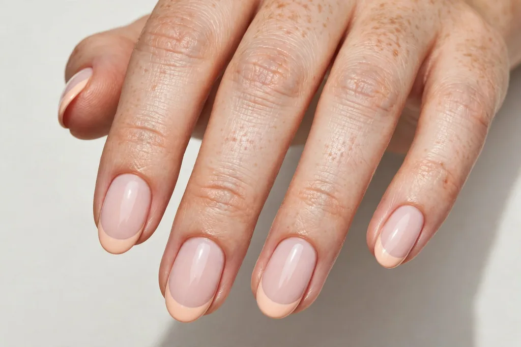 Easter French tip nails with peach cream glossy tips on a milky pink base, shown on medium oval nails.