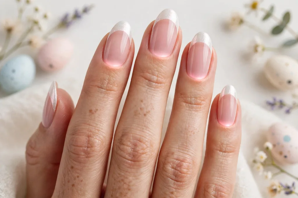 Easter French tip nails with pearl white shimmer tips with a soft pink glow on a sheer pink base, shown on medium almond nails.
