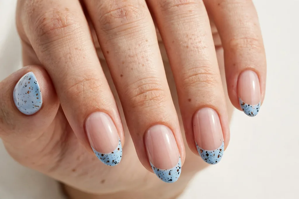 Easter French tip nails with baby blue tips decorated with tiny brown and black speckles like a speckled egg, shown on medium almond nails with a sheer nude base.