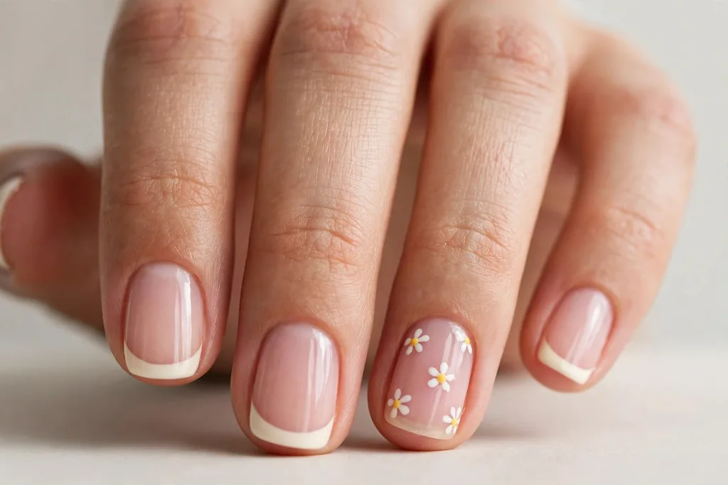 Easter French tip nails with cream white tips and tiny white daisies with yellow centers on the accent nails, shown on short squoval nails with a sheer pink base.