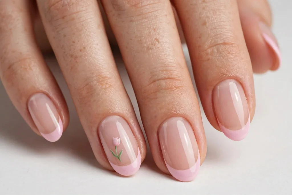 Easter French tip nails with soft pink tips and a tiny tulip with a green stem painted on one accent nail, shown on medium almond nails with a sheer nude base.