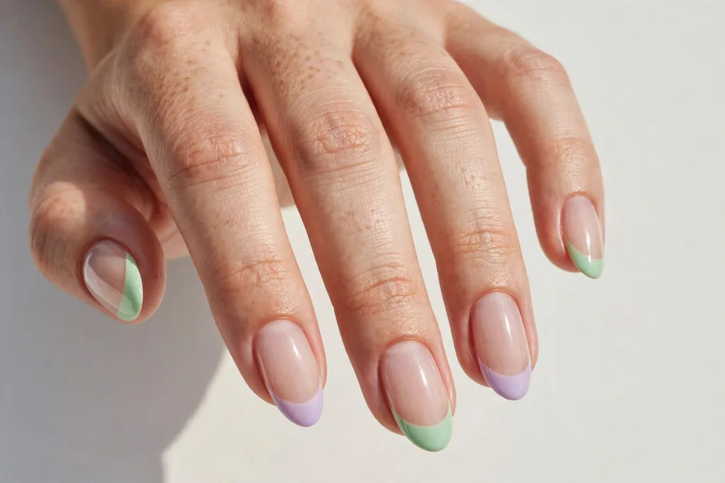 Easter French tip nails alternating fresh mint and soft lilac tips on a sheer nude base, shown on medium almond nails.