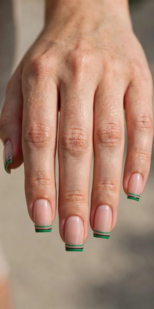 Medium square nails with two thin parallel French tip lines in emerald green and black over a sheer nude base.