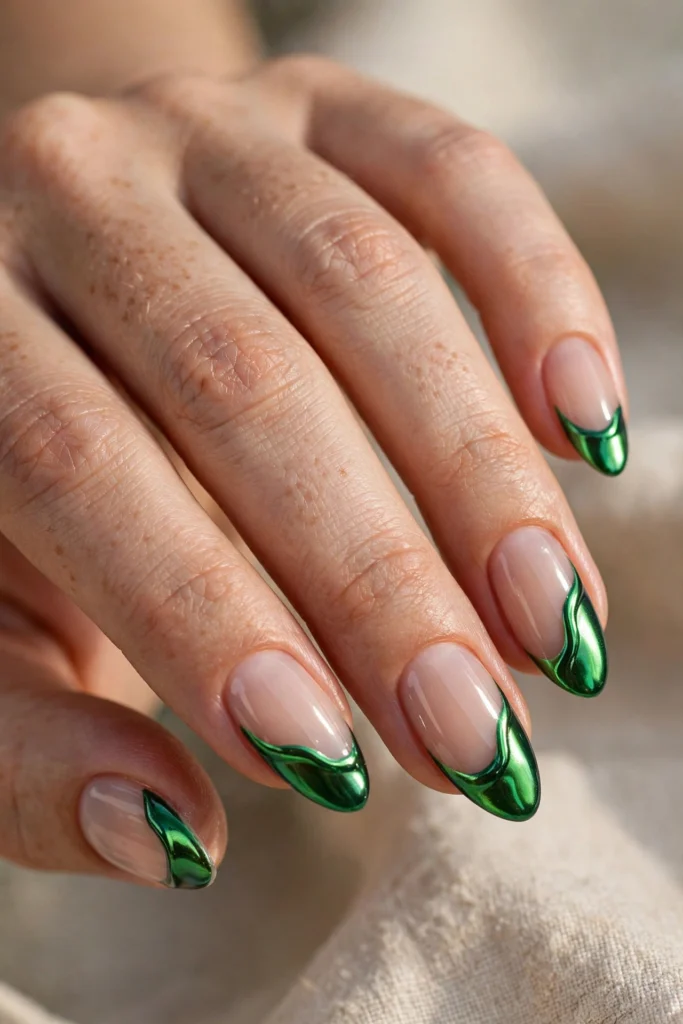 Almond nails with mirror-chrome emerald French tips painted in a fluid wavy line over a sheer nude base.