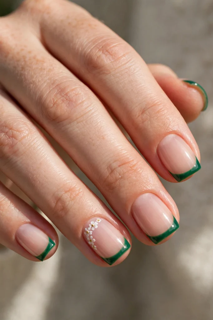 Short square nails with emerald green French tips and tiny white flowers with gold centers on one accent nail.