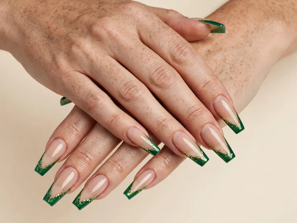 Emerald green French tip nails with gold glitter on coffin nails