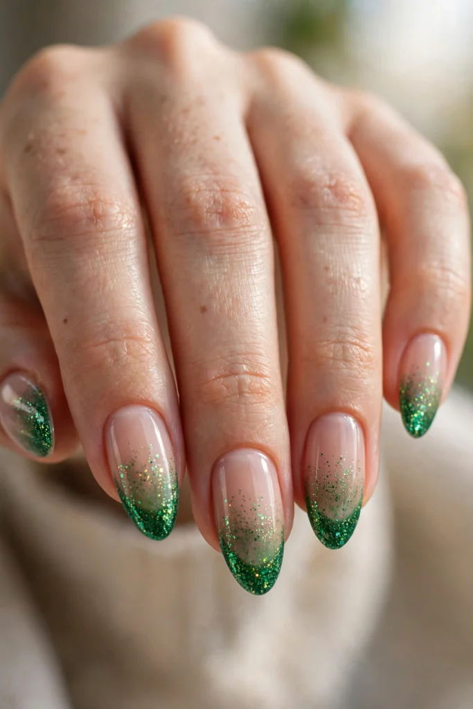 Almond nails with sparkling emerald glitter French tips fading into a soft ombre gradient over a sheer nude base.