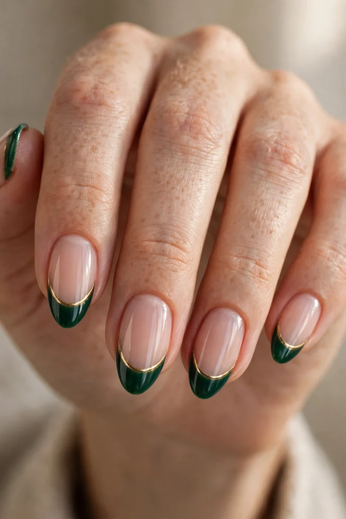 Almond nails with deep emerald French tips outlined by a thin metallic gold chrome line along the smile line.