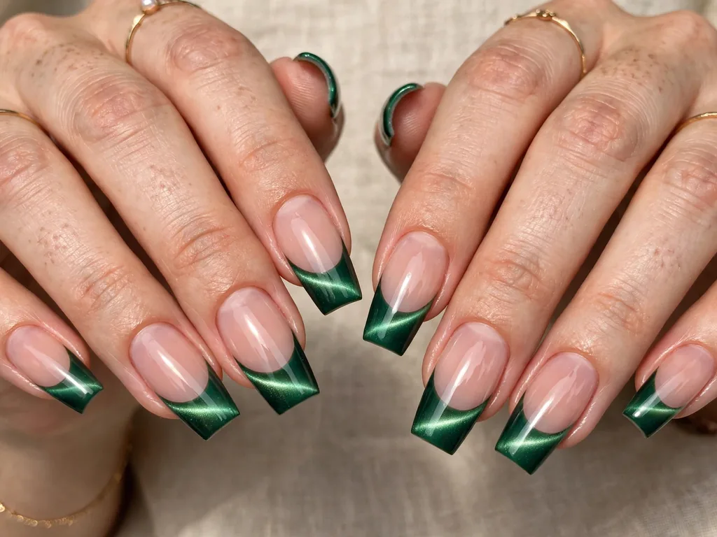 Emerald green cat eye French tip nails with a bright light band on coffin-shaped nails
