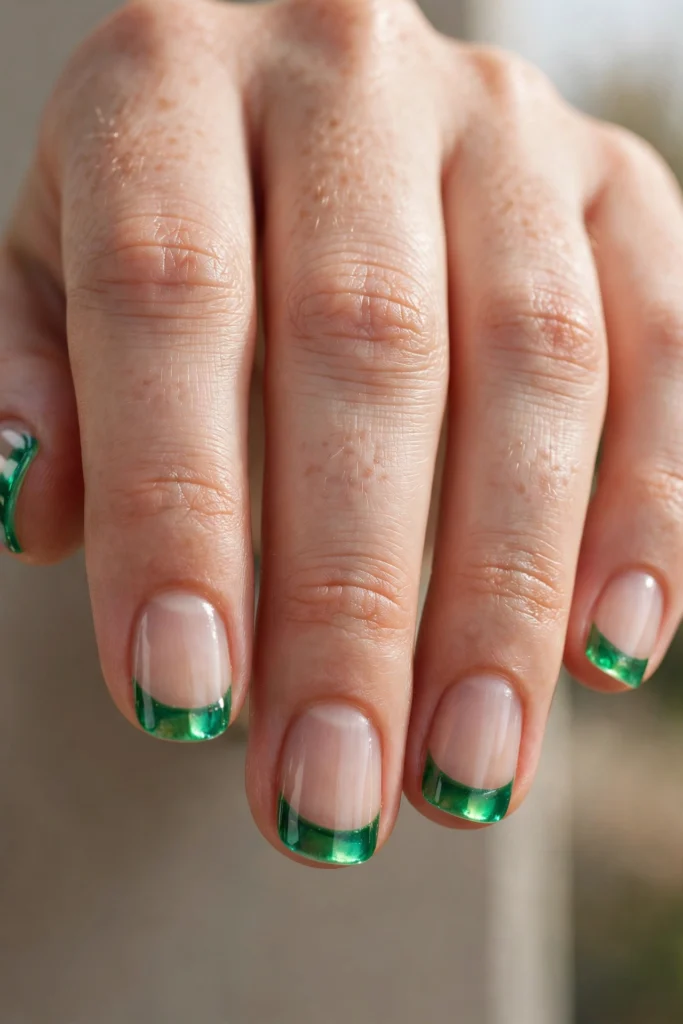 Short natural nails with translucent jelly emerald green French tips with a stained-glass glow.